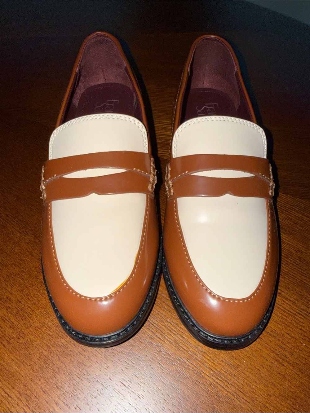 Franco Sarto Two-Tone Tan and Cream Leather Penny Loafers